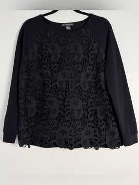 Adrienne Papell Women's Large Top/Sweatshirt Black Floral Crochet longsleeve